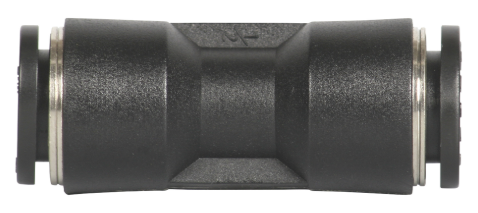 Black cylindrical mechanical spacer with flared ends and silver ring collars on both sides.